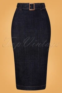 50s Damen Pencil Belt Skirt In Dark Blue Wash