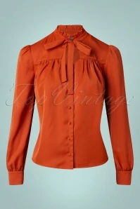 Past Perfect Style 19 Vixen 50s Tonja Tie Neck Blouse In Rusty Orange