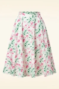 Topvintage Exclusive ~ Adriana Floral Swing Skirt In White And Pink