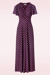 Past Perfect Style 11 Freya Maxi Dress In Navy Purple Fan Print