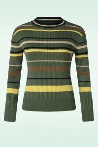 Vixen High Neck Striped Sweater In Dark Olive