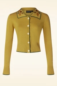Vixen Leaf Embroidered Cardigan In Mustard