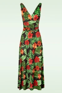 50s Grecian Tropical Flower Maxi Dress In Black